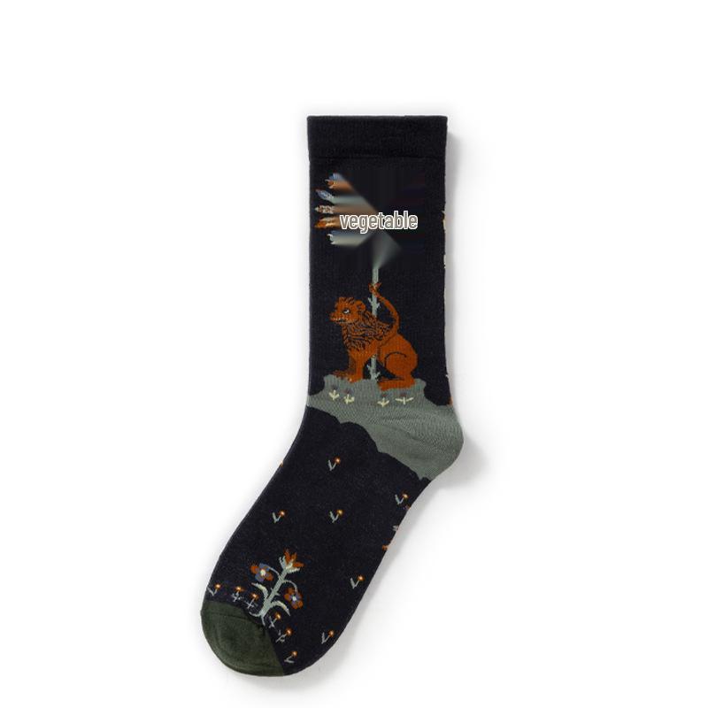 French Retro Abstract Oil Painting Mid-Calf Socks - Trendy Autumn/Winter High-Top Creative Combed Cotton for Women