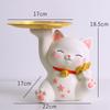Lucky Cat Figurine with Bamboo Tray Stand, Resin Maneki Neko Decorative Storage Holder Key Plate Doorway Centerpiece