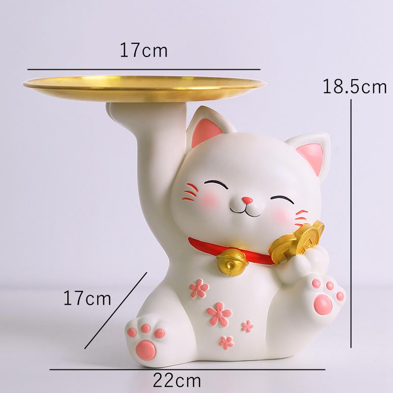 Lucky Cat Figurine with Bamboo Tray Stand, Resin Maneki Neko Decorative Storage Holder Key Plate Doorway Centerpiece