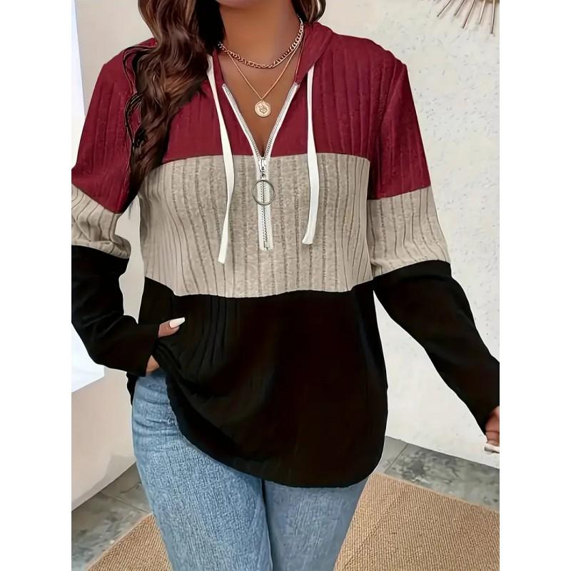 Womens Colorblock Half-Zip Drawstring Oversized Hooded Sweatshirt Jacket - Plus Size Regular Fit