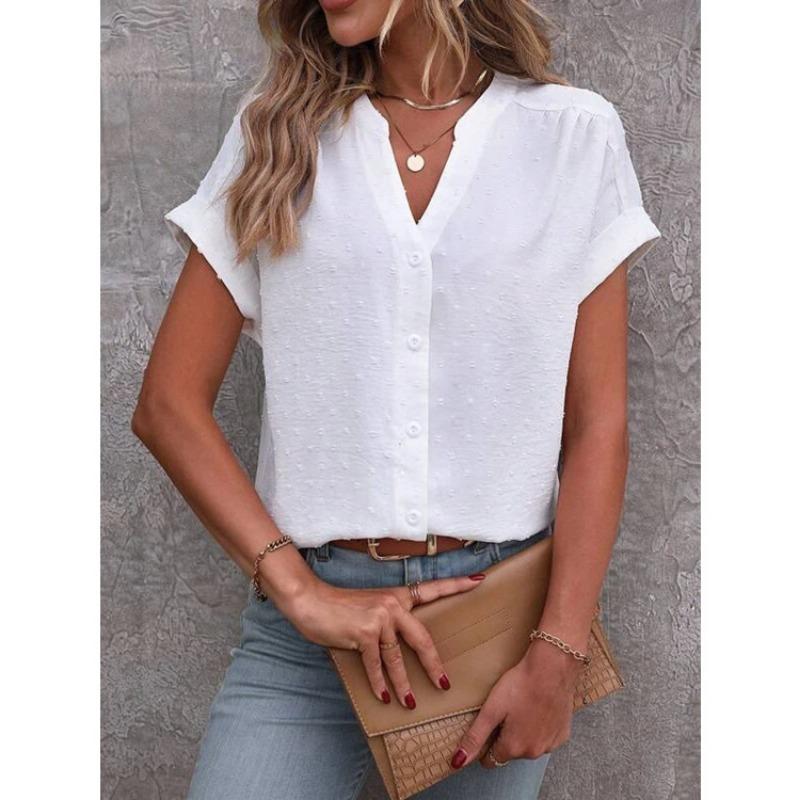 Summer Short Sleeve Office Loose Women Shirts Solid Color Jacquard V-Neck Buttons Fashion Woman's Blouse Elegant Casual Simple Tops Basic Clothing