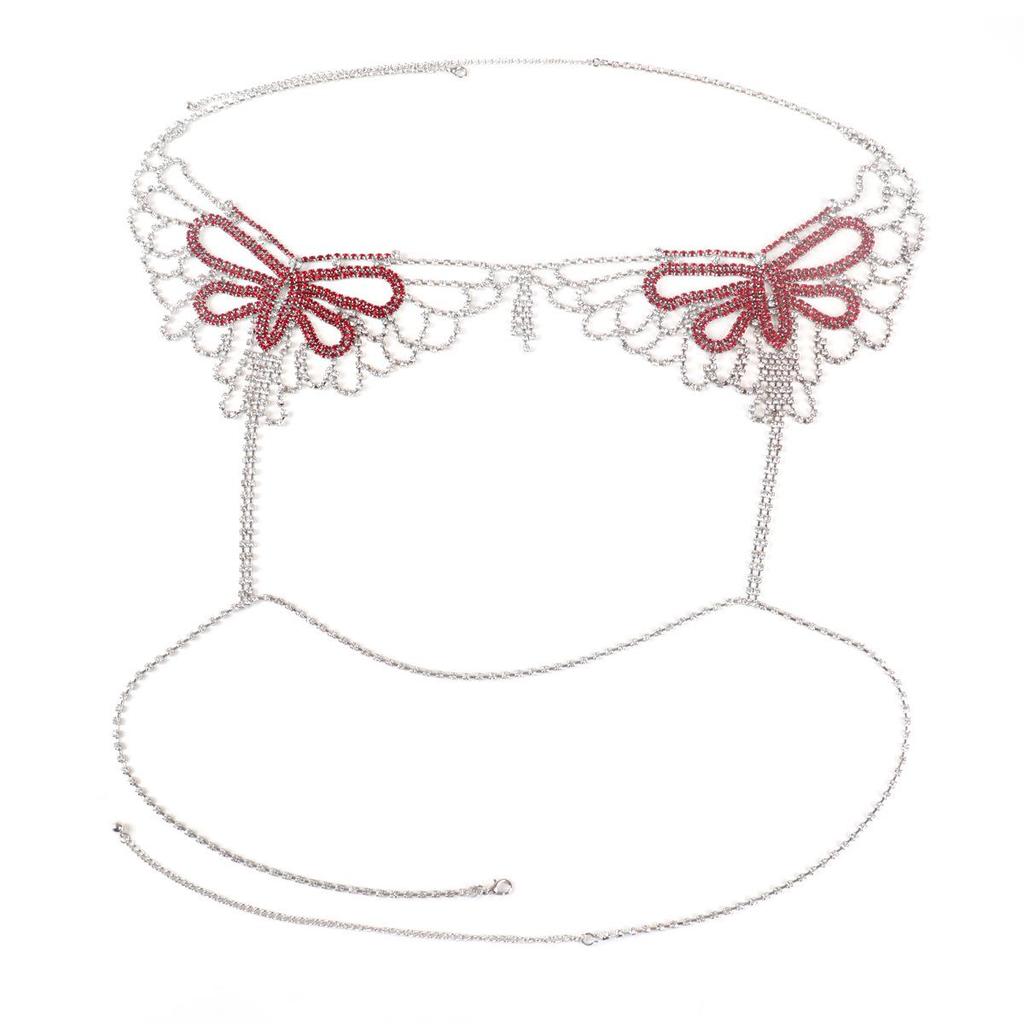 Red Butterfly Rhinestone Body Chain Bikini Bra for Nightclub and Beach