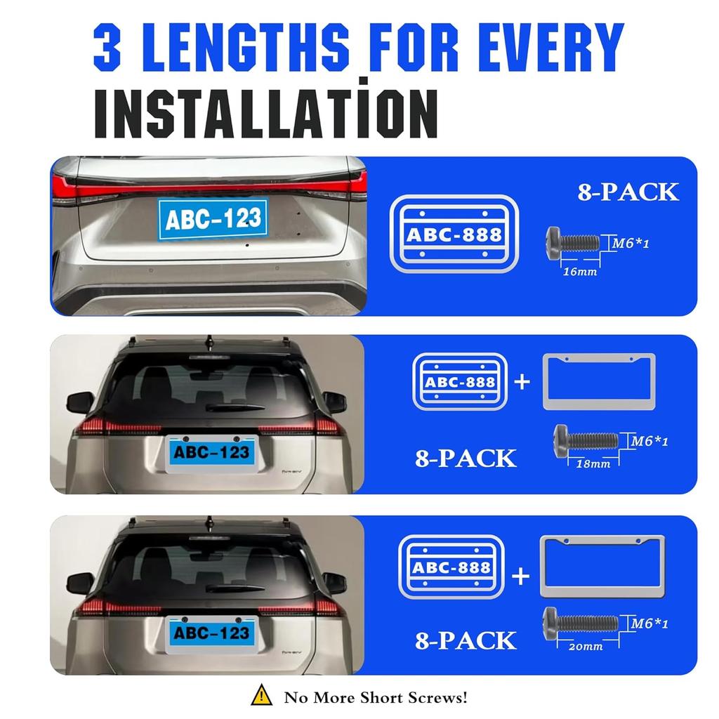 Rear License Plate Screws Black Compatible with Toyota Lexus Honda Acura M6-1.0 X (16mm/18mm/20mm) 18-8 Stainless Steel 24 Pack(Including