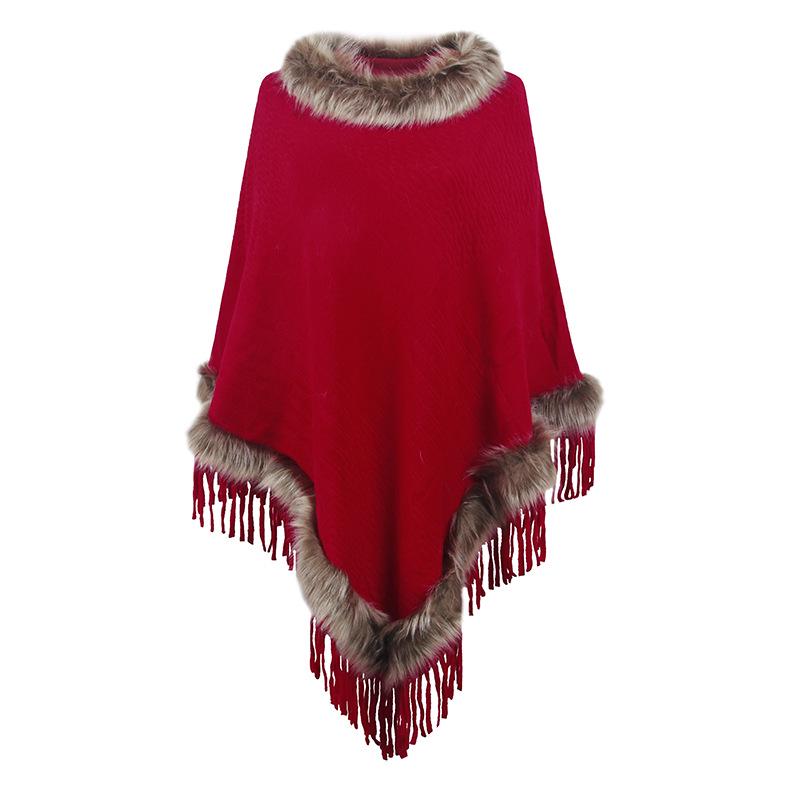 

Mao Mao Yu Women s Solid Color Tassel Cape: 2026 Autumn/Winter European & American Loose Knit Pullover Shawl One Size красный