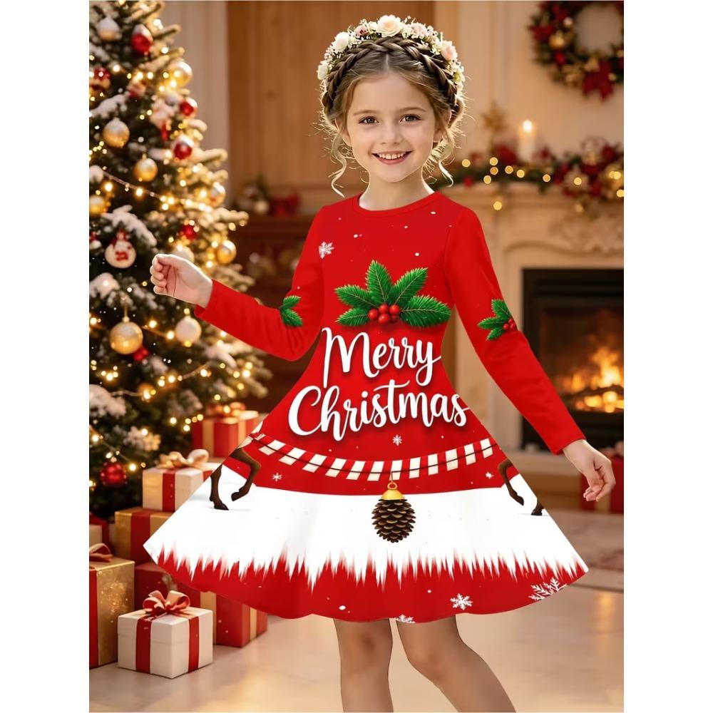 Girls' 3D Santa Claus Dress Long Sleeve Summer Spring Vacation Daily Holiday Princess Beautiful Sweet Kids 4-12 Years Casual Dress A Line Dress