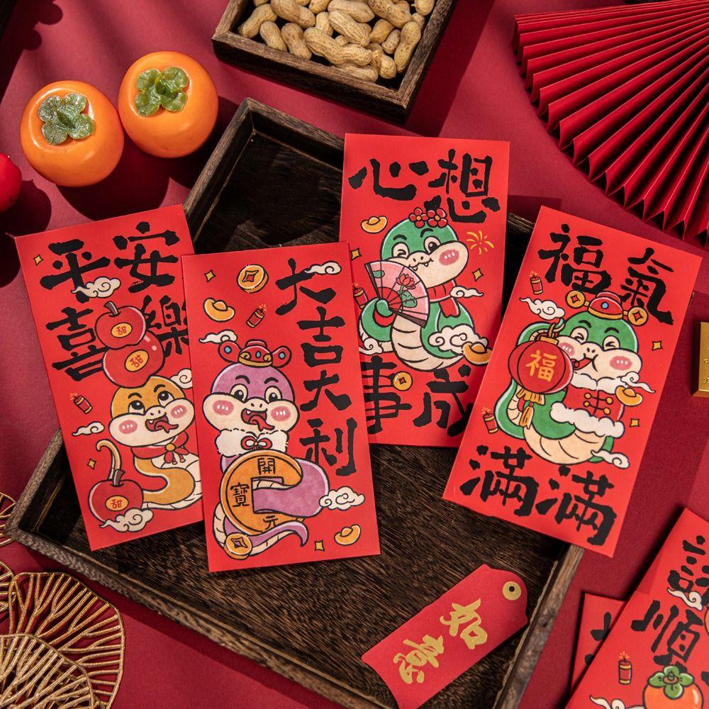6PCS/SET Hand Drawn Red Pocket Snake Pattern Good Luck Hongbao Luck Money Bag  Company Celebration