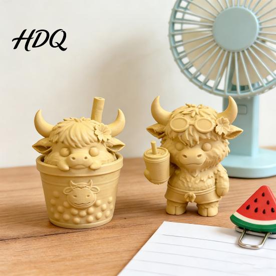 Milk Tea Cow Model 2Pcs Cute Highland Figurine 3D Printed Bubble Statues Fun Office Desk Accessory Summer Farmhouse Style Desktop Ornaments,
