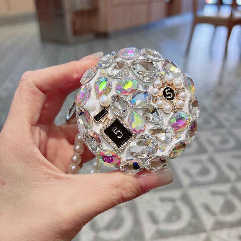 Korean Style Diamond Round Mirror Keychain: Folding Glass Charm for Bags & Cars