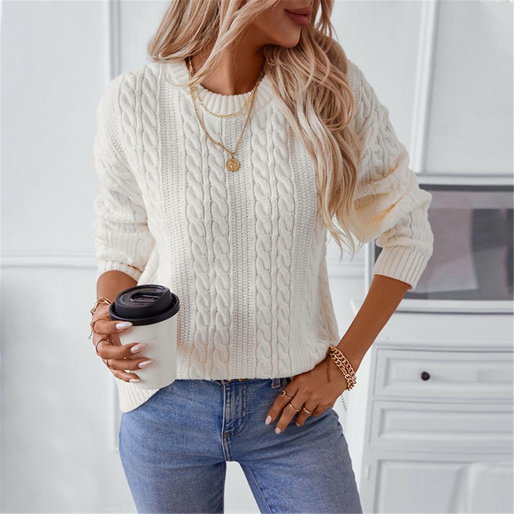 Twisted Cable Pullover Sweater Women's Autumn And Winter New European And American Retro Round Neck Long Sleeve Knitted Sweater Women