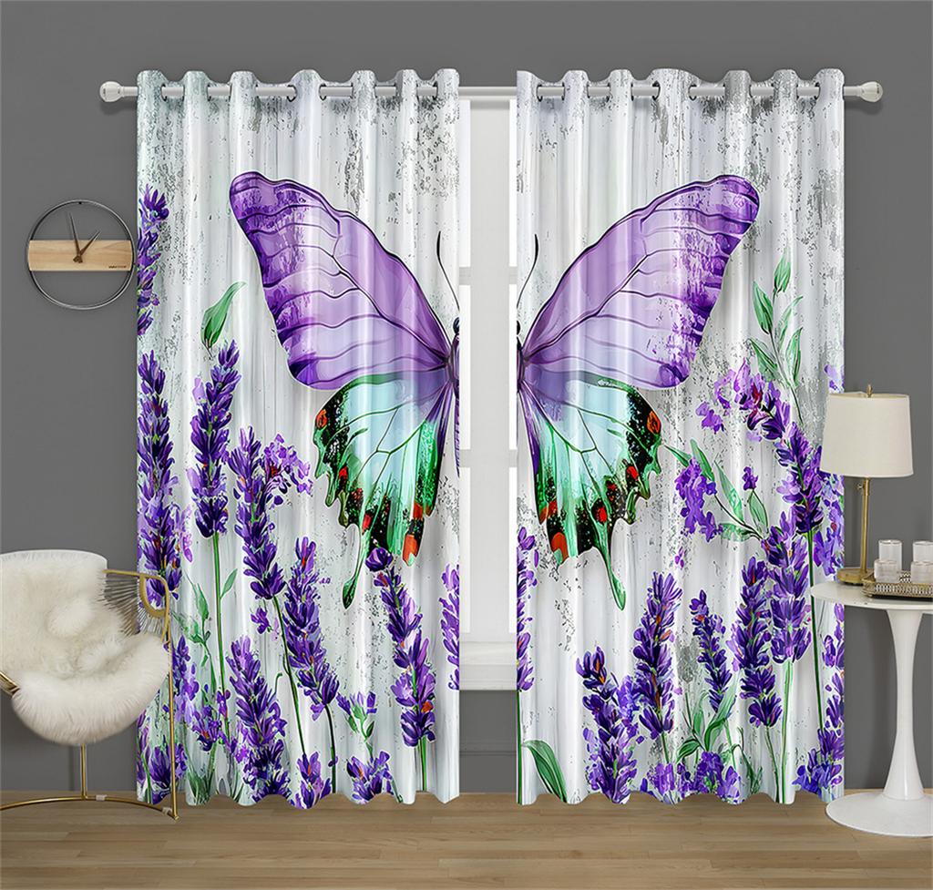 Fleur de Glycine Papillon Décor de Cuisine Rideau Fond Style Mur Feuille Verte Convient Décor Salon Chambre 2 Panneaux