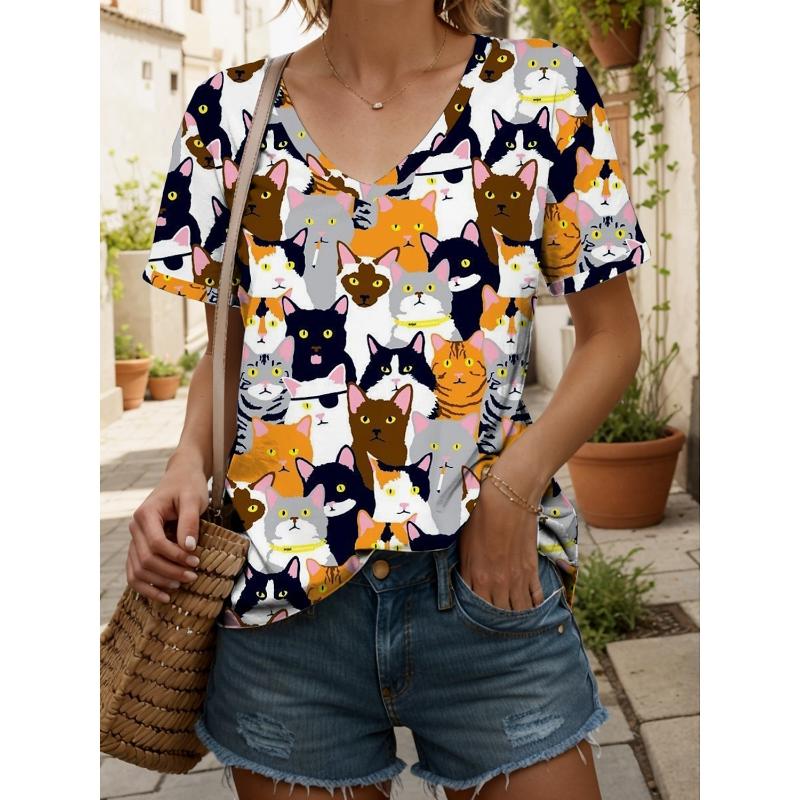 2025 Women's T-Shirt Kawaii Cat Graphic Fashion Short Sleeved V-Neck Regular Tops Daily Print Tee Summer Spring casual Tops