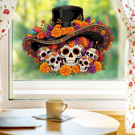 Customizable Cuttable Window Art Day of The Dead Clings, Halloween Top Hat Skull Static Sticker, Indoor Outdoor Glass Murals Colorful