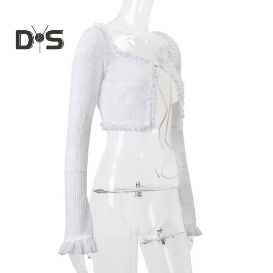 Femei sexy două piese fuste mini set talie joasă cu volane fustă scurtă evazată mânecă lungă cravată-up crop top set petrecere Club ținută