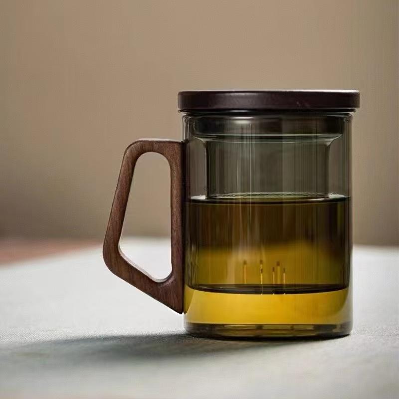400ml Glass Tea Mug With Wood Handle Chinese Heat Resistant Filter Tea Cups High Quality And Convenient Kung Fu Tea Set