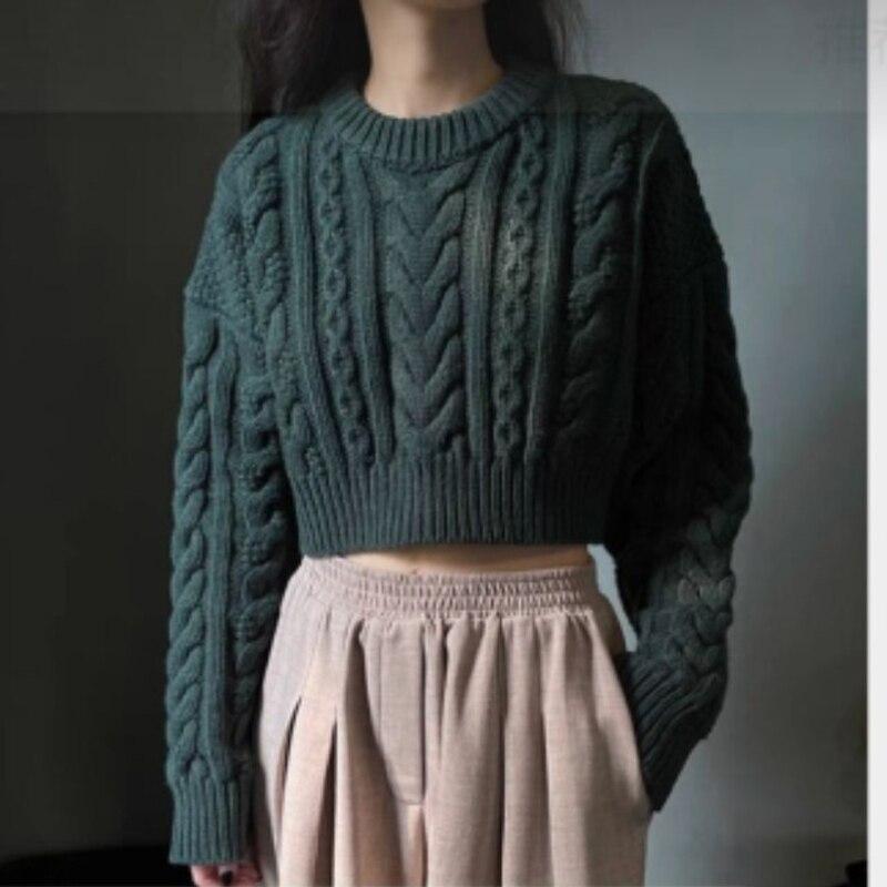 Vintage Knitted Pullovers Women Thicken Sweaters Autumn And Winter Sexy Short Tops Round Collar Solid Casual Loose Clothes 28464