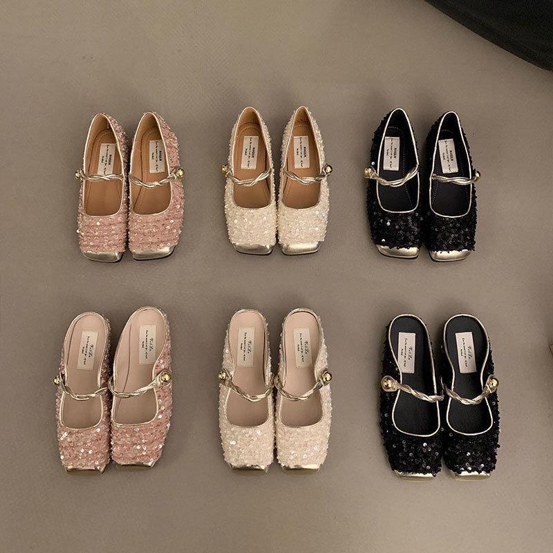 Sequined Gold Bag Head Half Slippers Women's Spring and Autumn Temperament Mary Jane Single Shoes Women's Shoes