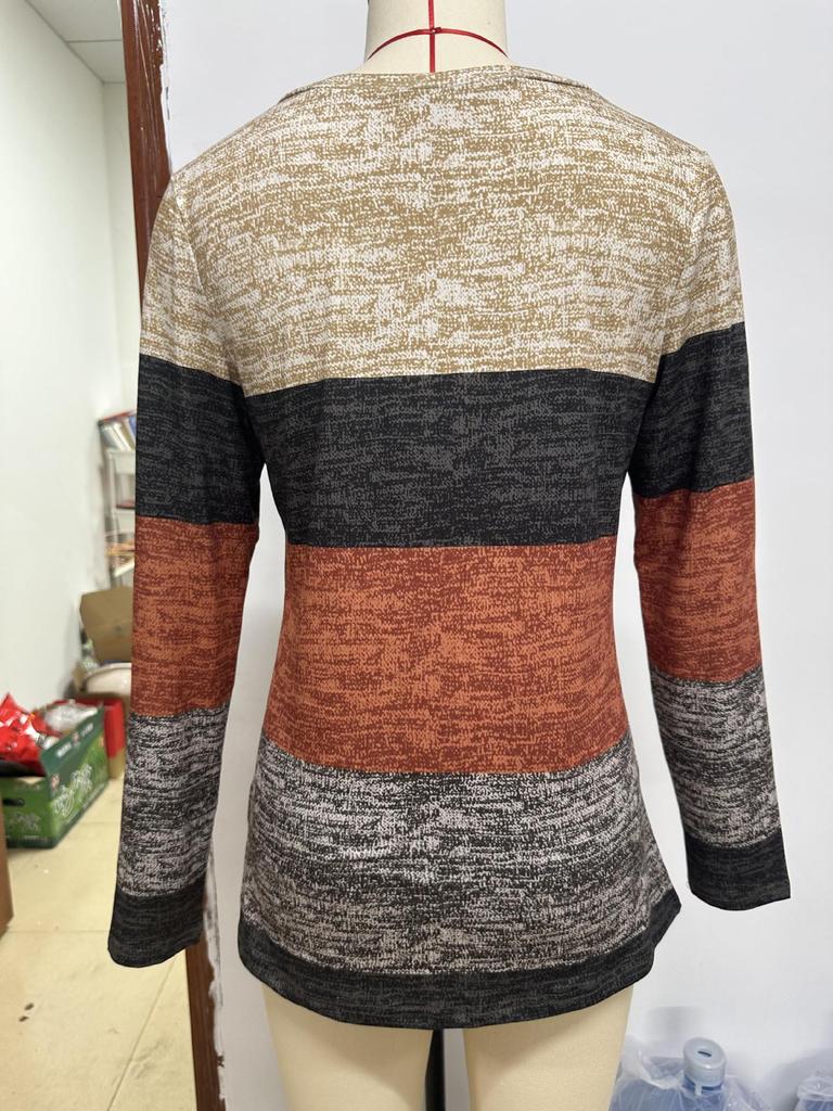 2024 Autumn/Winter Women’s Casual V-neck Color Block Patchwork Long Sleeve Oversized Harajuku Top