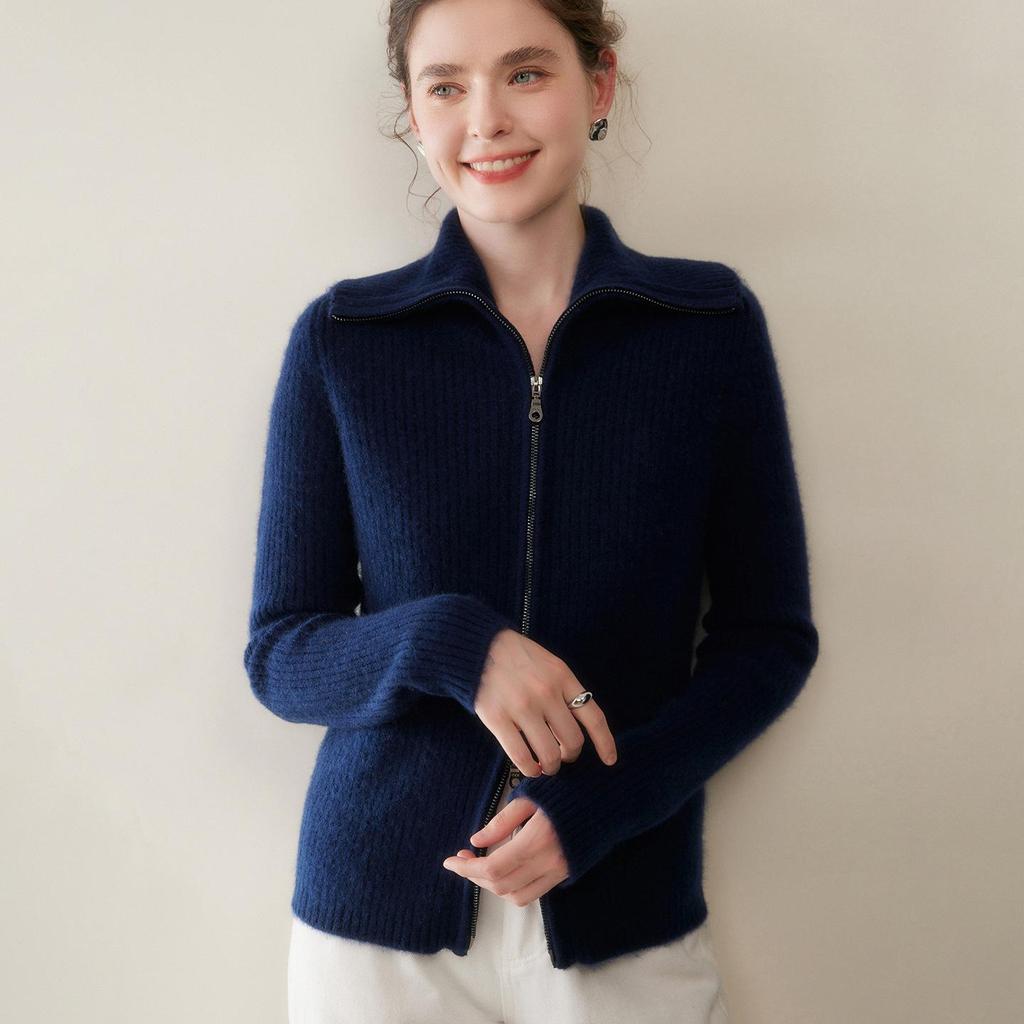 2025 Autumn Winter Women's Retro Cashmere Knit Cardigan - Long Sleeve, Loose Fit, Zipper, Versatile Outerwear.