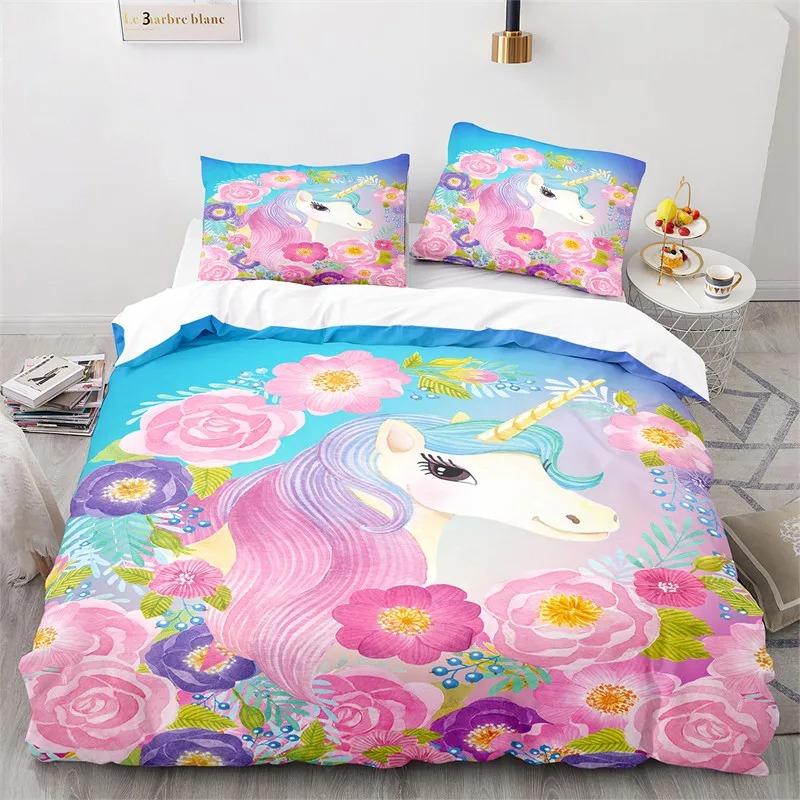 Cartoon Unicorn Floral Rainbow Girl's Eyelash Bedding Set Boys Girls Twin Queen Size Duvet Cover Pillowcase Bed Kids Adult