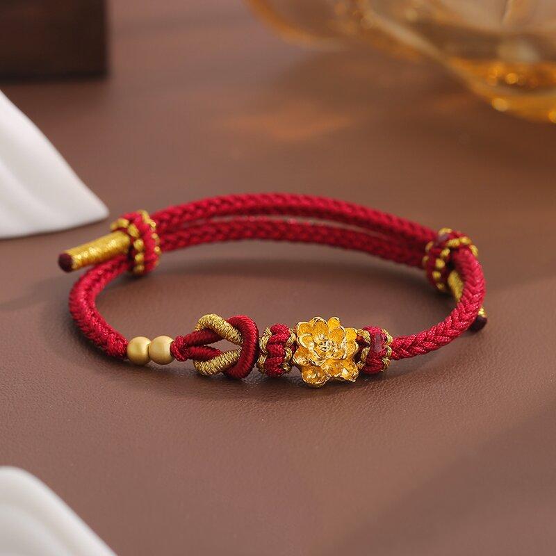 Elegant Lotus Good Luck Peace Woven Bracelet for Women Delicate Lovely Red Braided Rope Bracelet Party Jewelry Accessories