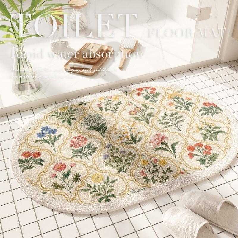 Retro Flower Oval Bath Mat Retro Plant Pattern Soft Bathroom Carpet Anti Slip Quick Drying Floor Mat Home Decoration