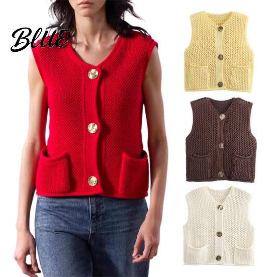Vielseitige Damen Strickweste V-Ausschnitt Ärmellos Einreihig Mit Taschen Oberteil Zum Layering Weste Einfarbig Strickware