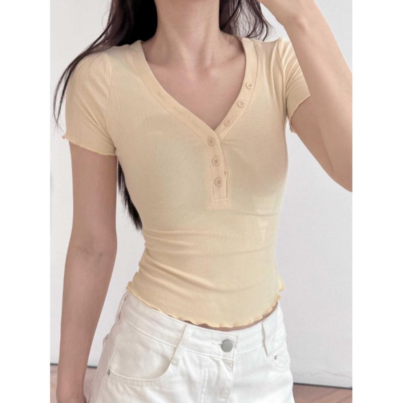 Women s Red Ribbed Knit V Neck Button Detail Ruffle Hem Slim Short Sleeve T Shirt S жёлтый