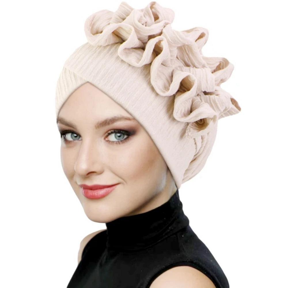 Elastic Flower Turban Hat Ruffle Flower Edge Beanies Hats New Pre Tied Bonnet For Wedding