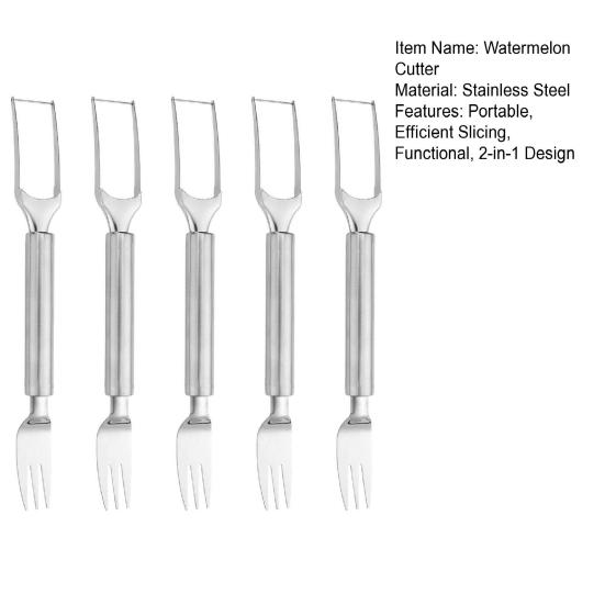 Kráječ na meloun a vidlička Nerezová ocel 2v1 Nástroj na krájení melounu Přenosný Dvouhlavý Kráječ na ovoce na léto Domácí párty Kempování Kuchyně