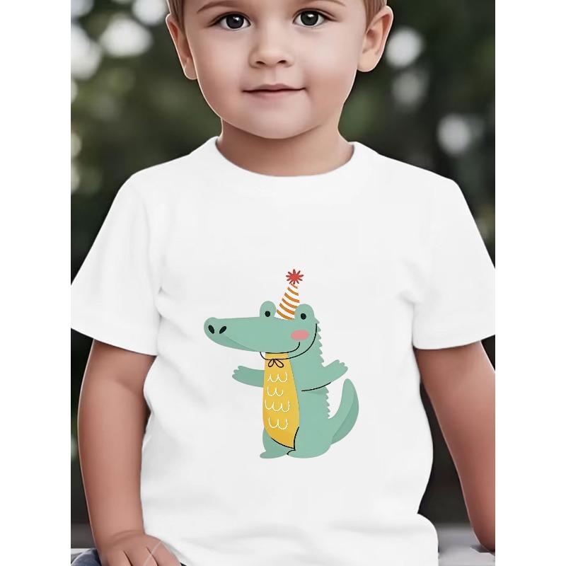 Boys Crewneck T-Shirt, Cute Cartoon Crocodile Print Breathable Casual Summer Short Sleeve Baby Top 110