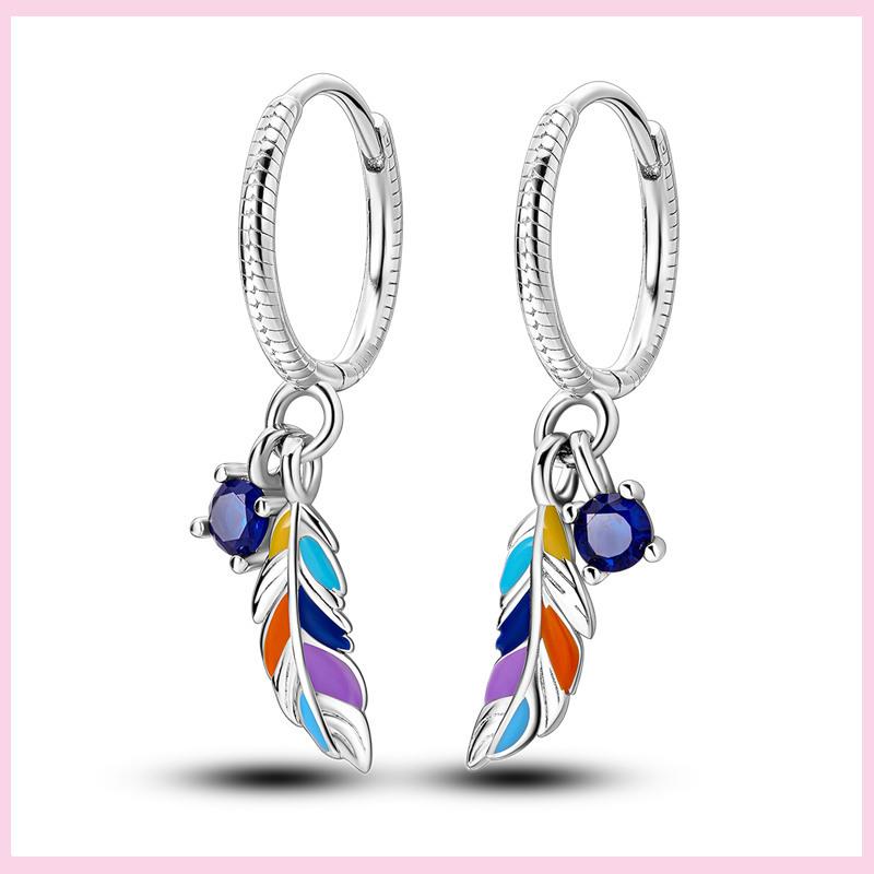 925 Silver Colorful Feathers Drop Earrings Dream Catcher Bohemia Asymmetry Dangle Earrings Original Wedding Jewelry For Women