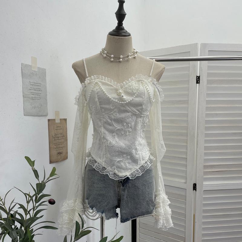 French Retro One-Shoulder Pearl Strap Lace Top with Chest Pads
