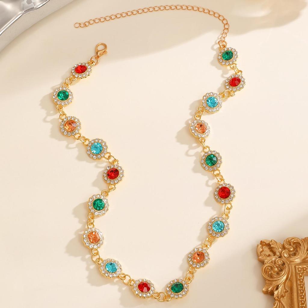Französisch Retrofarbenes Dopamin Imitationsdiamantenbesetztes Sonnenblumen Halskette Armband Set