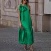 Women's Sleeveless Green Maxi Dress with Asymmetric Bow Tie Detail and Flared Hem