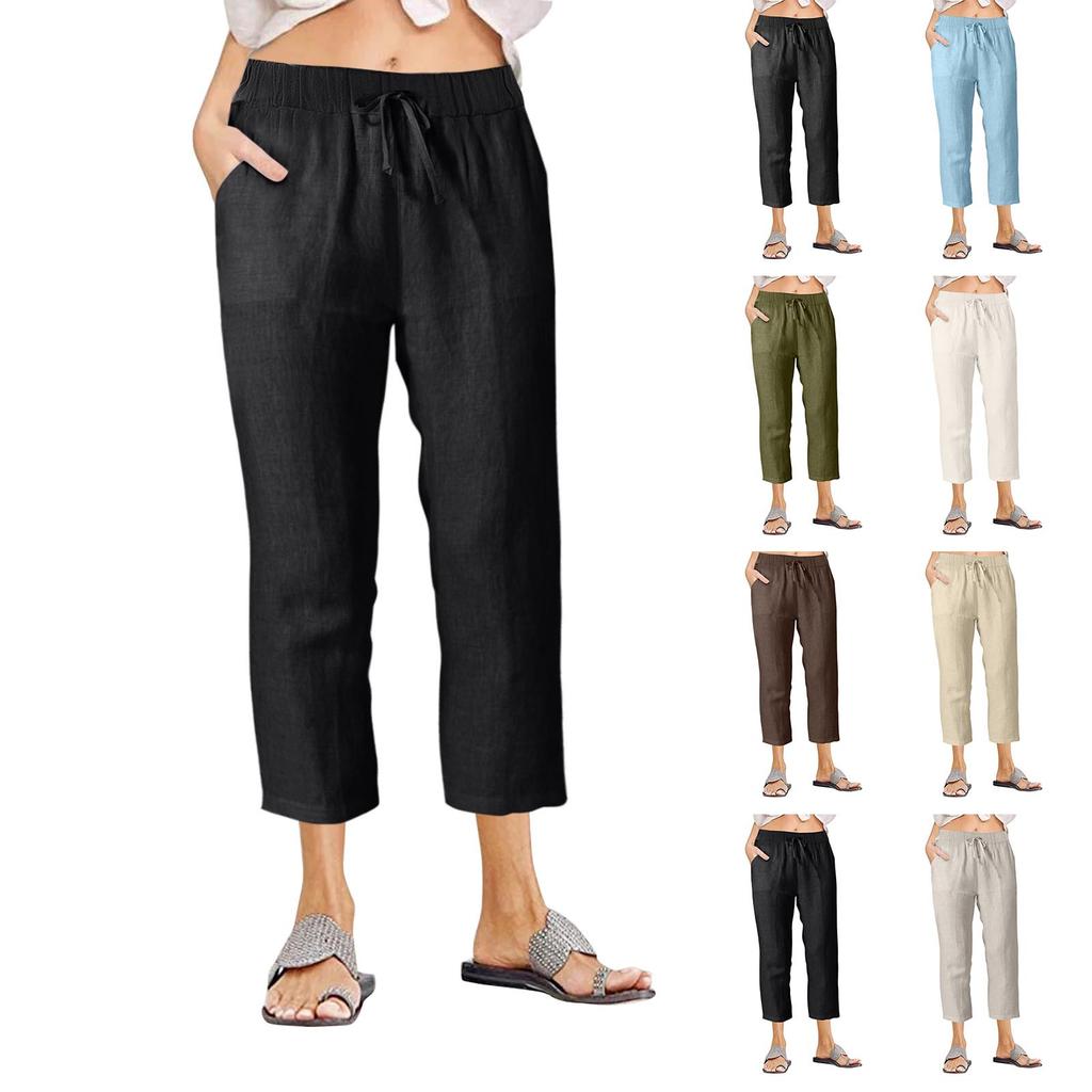 Women's Summer Casual Linen Pants Elastic Waist Loose Straight Nine-Point Pants Beach Pants With Pockets