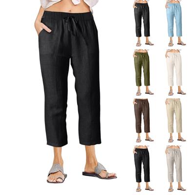 Pantaloni Casual de Vară din In pentru Femei, Talie Elastică, Largi, Drepți, Pantaloni Nouă Puncte, Pantaloni de Plajă cu Buzunare
