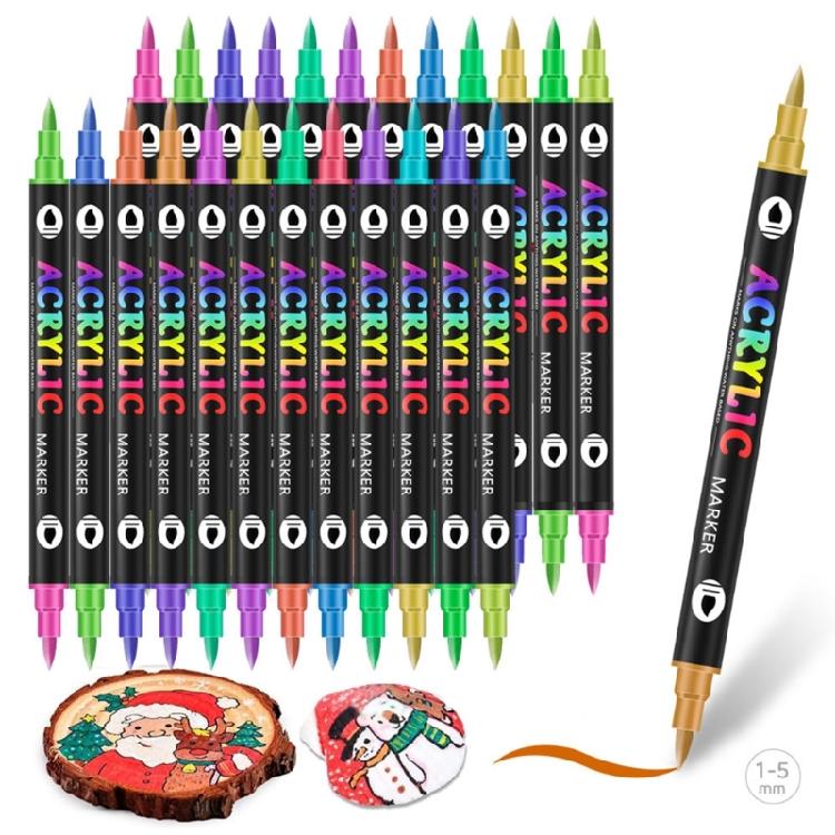 12Pcs Acrylic Paint Pen 24 Color Double Ended Brush Tip Acrylic Marker for Painting on Paper Stone Wood Glass Fabric