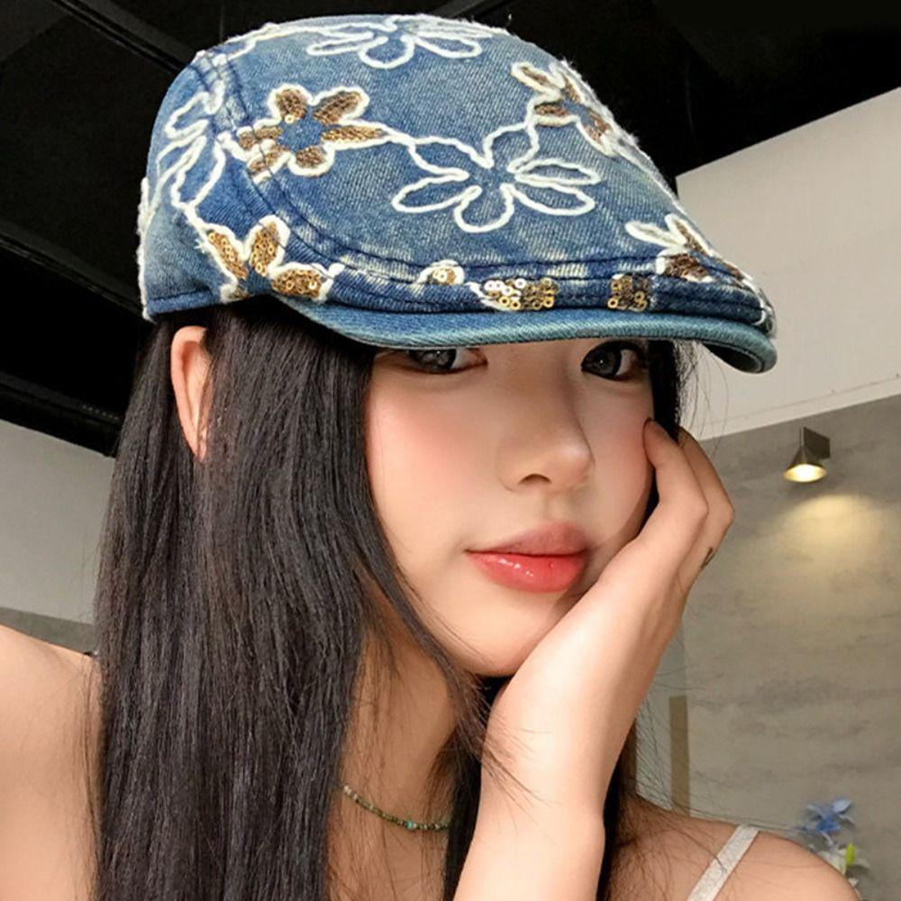 Ethnic Style Embroidery Flower Forward Hat Y2k Glitter Beret Casual Cadet Cap  Outdoor