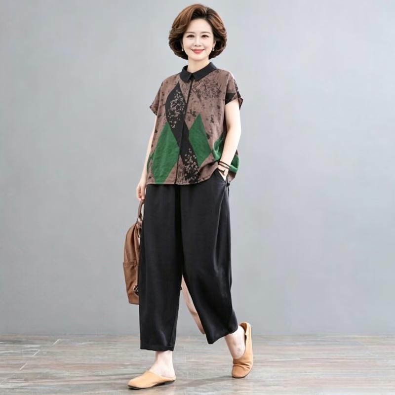 AEMAPE Women s Plus Size Cotton Linen Short Sleeve Set XL