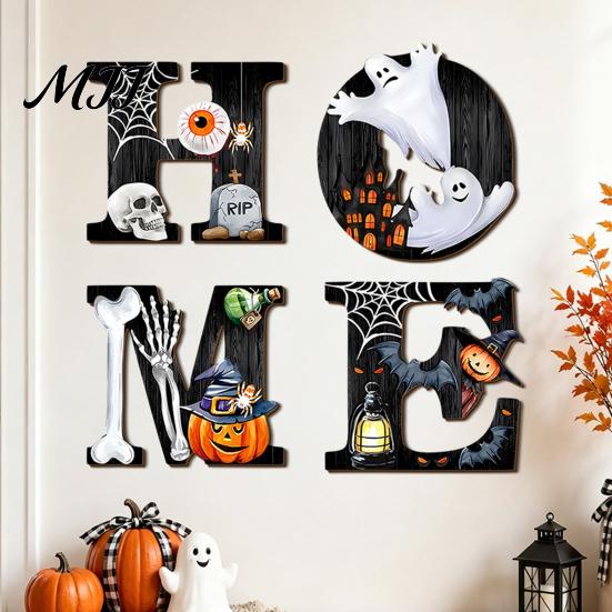 Holiday Home Accents Halloween HOME Letter Wall Hanging Ornament, Wooden Festive Decor with Ghost Skull Party Supplies Pumpkin Black Cat Bat Elements