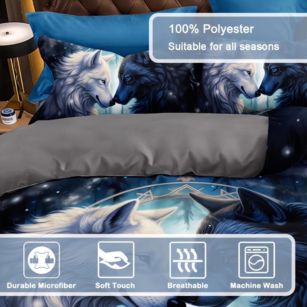 Wolf Pattern Duvet Cover Set-Animal Print Breathable All-Season Zipper Closure, Woven Sanded Polyester Fabric, Digital Printing