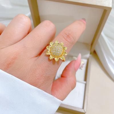 Real Gold Diamond Sunflower Ring Opening Adjustable Simple Jewelry Japanese Ring Couple Ring