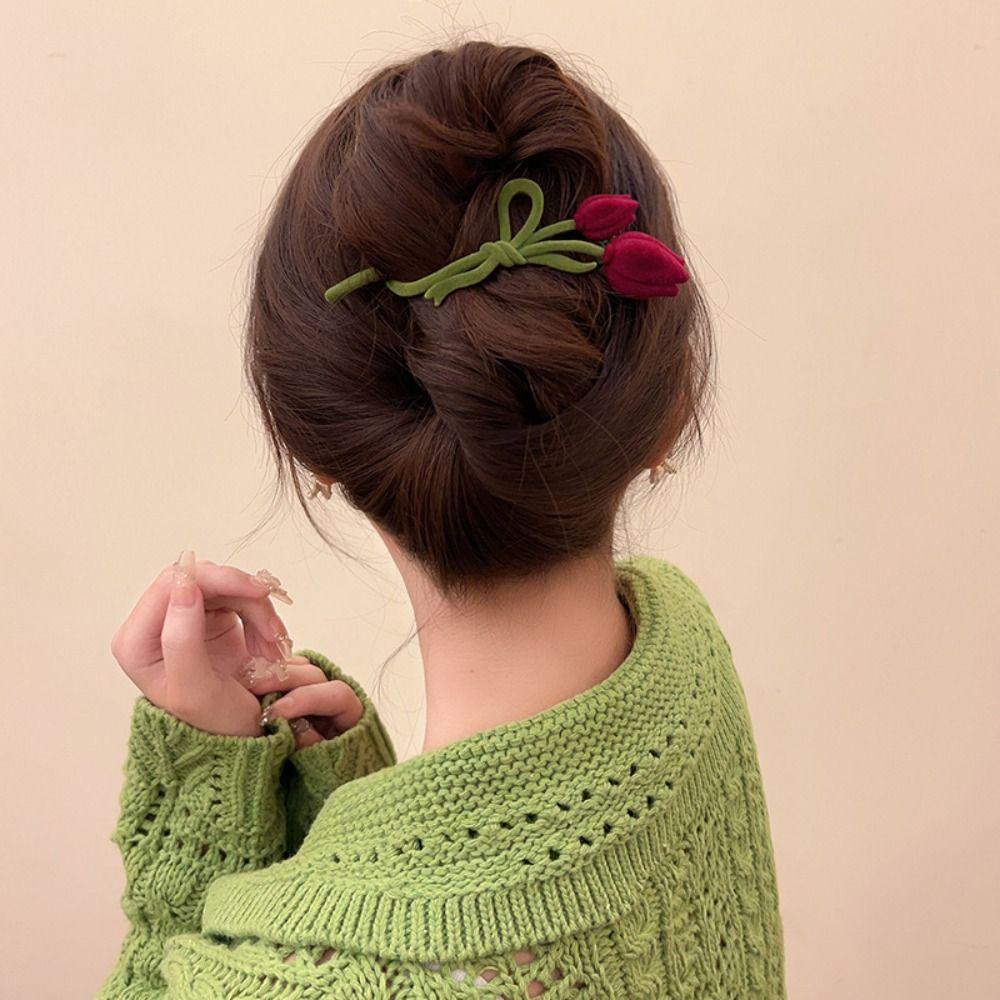 Pearl Korean Style Headwear Red Velvet Hair Claw Flocking Tulip Hair Clip Female Hair Accessories