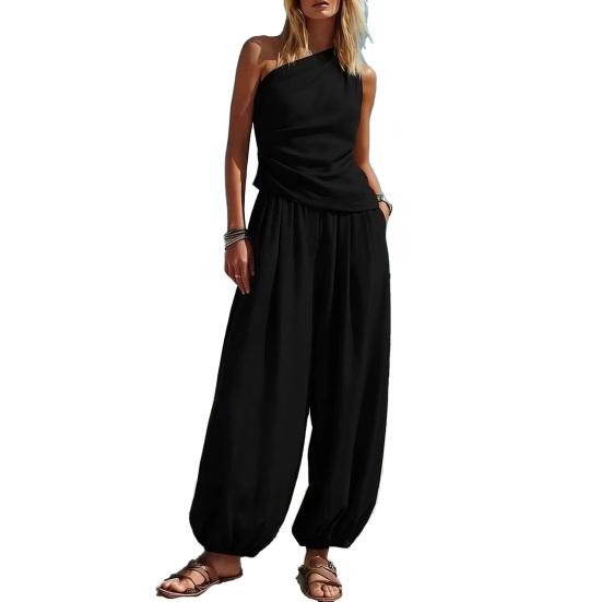 Women Tank Top Pants Two Piece Set Summer One-shoulder Sleeveless Shirt Trousers Solid Color Breathable Loose Casual Top Pants Suit