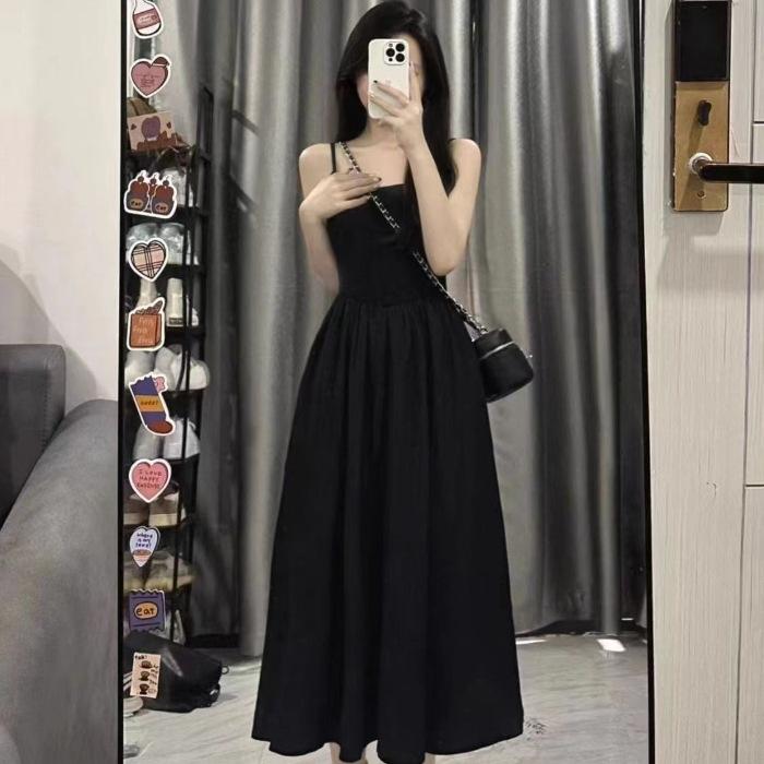 Women's Spring/Summer Elegant Waist-Cinching Slimming Maxi Dress, French-Style Spaghetti-Strap A Line Skirt