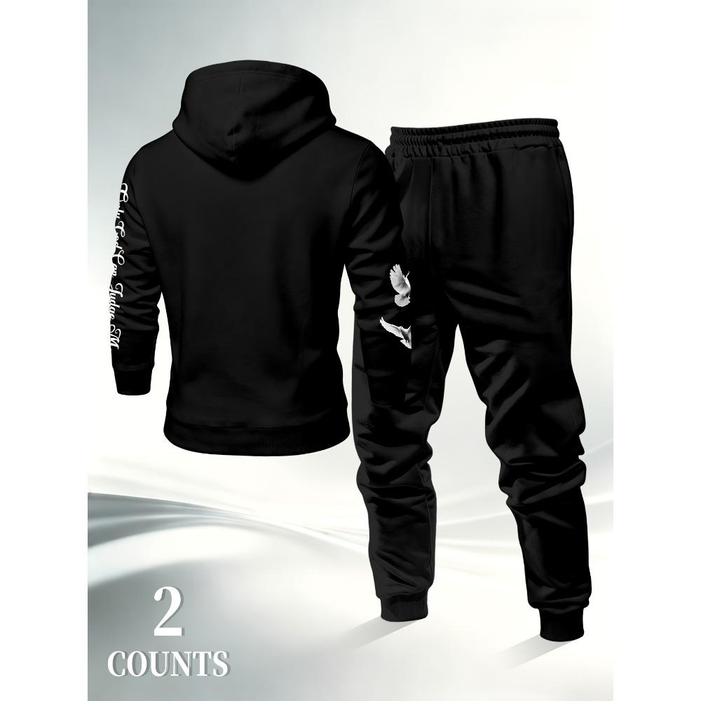 Men's Prayer Hand Peace Dove Printed Hoodie Set Drawstring Foot Tight Two Piece Set Trendy Retro Casual Sports