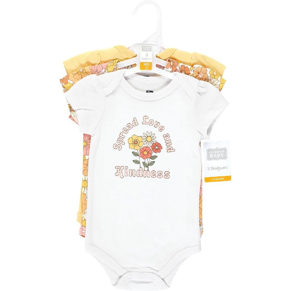 Hudson Baby Unisex Baby Cotton Bodysuits, Peace Love And Flowers, 12-18 Months