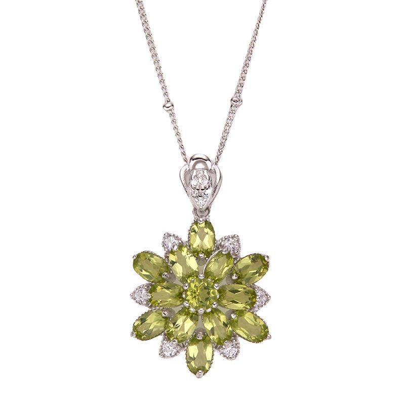 S925 Sterling Silber Natürlicher Citrin Peridot Farbiger Schatz Halskette Damen Premium Dreidimensionaler Blumen Anhänger