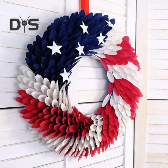 USA Independence Day Patriotic Wreath Red White Blue US Flag Wreath Front Door Wall Hanging Garland Pendant 4th of July Festival Decoration