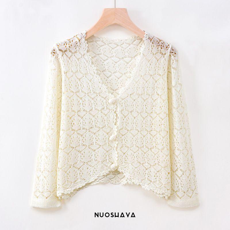 Summer Women's Cut-out Knit Sweater Thin Short Three-quarter Sleeve Sunscreen Cardigan